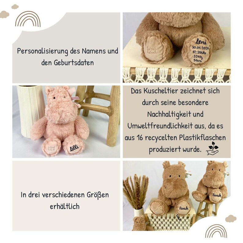 Stofftier mit Namen, Personalisiertes Kuscheltier, Babygeschenk Geburt, Hippo nougat, Plüschtier mit Namen, Geschenk zur Geburt Bild 4