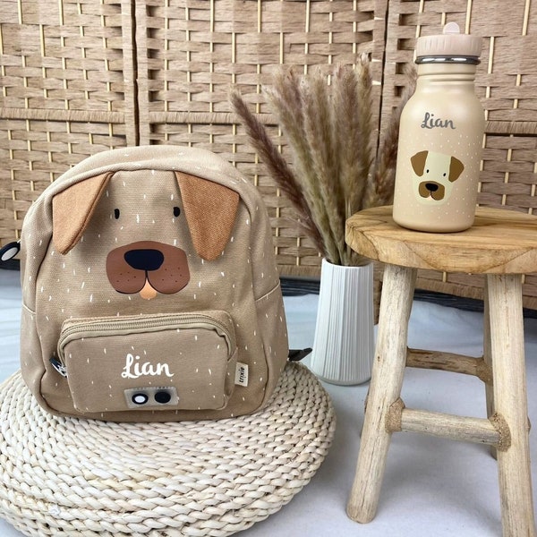 Kinderrucksack mit Namen, Kindergartenrucksack personalisiert als Set mit Trinkflasche, Trixie Kinderrucksack, Kitarucksack Hund