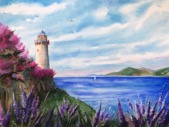Landscape Italy Painting Seascape Florence Tuscany Original Watercolor Lighthouse Art - 