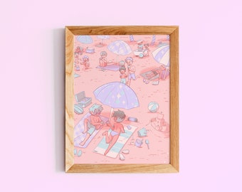 Peachy Beach Day 8x10 Inch Art Print / LGBTQIA Pastel Tropical Island Scene / 'Un día en las playas de Puerto Rico' Impresión de Arte