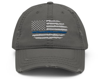 Blue Thin Line American Flag Distressed Dad Hat, US Police Flag Hat, The Blue Cop Hat