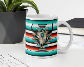Cow Skull Western Aztec Serape Boho Print Mug, Western Aztect Pattern Mug