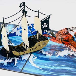 Kraken vs Pirate Ship Pop-Up Card: Nautical 3D Art