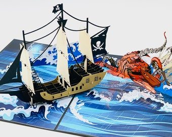 Legendary Kraken and Pirate Ship 3D Pop-Up Card A Nautical Adventure in Handcrafted Artistry, Birthday pop up card, Father's day pop up card