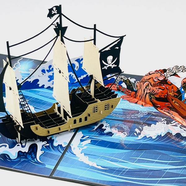 Carte pop-up 3D légendaire Kraken et bateau de pirate