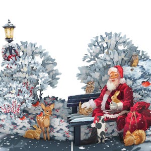 Personalised Santa in Winter Forest Pop-Up Card – Festive Christmas 3D Greeting with Woodland Animals