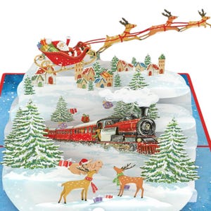 Personalised 3D Pop-Up Christmas Card with Santa&#39;s Sleigh & Train – Winter Wonderland Holiday Greeting Card