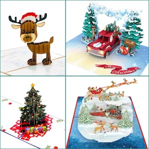 3D Christmas Pop Up Card Pack of 4 cards: Reindeer, Truck, Train, Tree