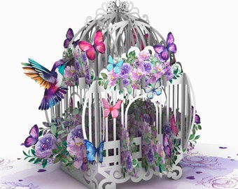 Hummingbird Birdcage Pop-Up Card: Floral 3D Greeting for Her