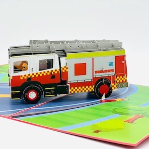 Carte pop-up pompier, carte pop-up fête des pères, carte pop-up camion de pompier, carte pompier découpée au laser 3D, carte de voeux camion de pompier