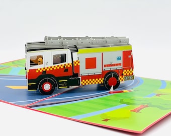 Cartão pop-up de caminhão de bombeiros, cartão pop-up de dia dos pais, cartão pop-up de caminhão de bombeiros, cartão de bombeiros cortado a laser 3D, cartão de felicitações de caminhão de bombeiros