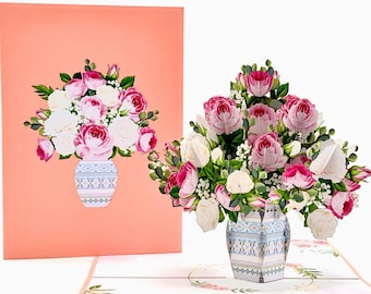 Rose & Peony Pop Up Card: 3D Flower Bouquet, Handmade