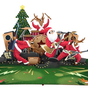 Carte pop-up de Noël personnalisée | Carte de Noël 3D pour les amateurs de rock | Carte de vœux unique avec le père Noël et le renne
