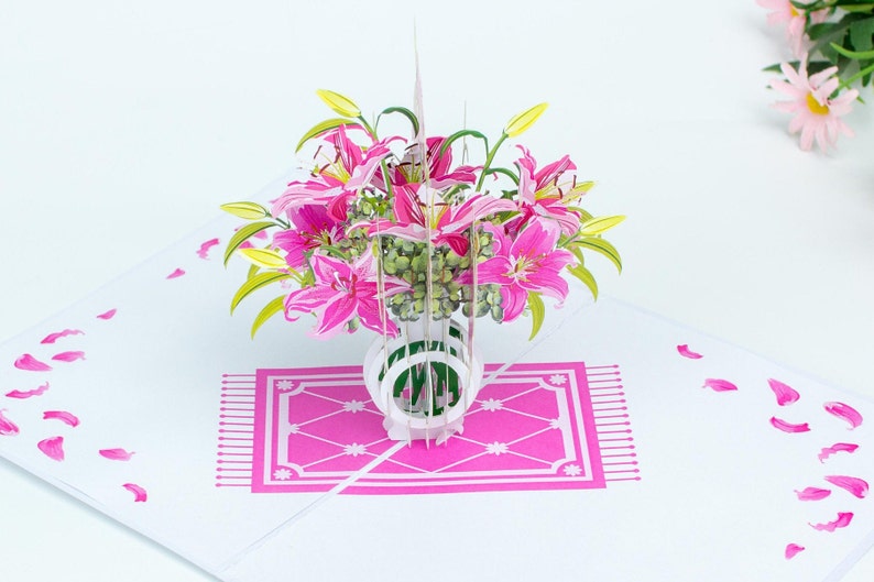 Pink Lily vase pop up card Mother/'s day card flower pop up card birthday card