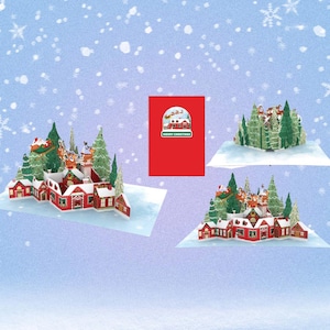 May include: A 3D pop-up Christmas card featuring a winter village scene with Santa Claus flying over a snowy town. The card is red and green with a white background. The text "Merry Christmas" is printed on the front of the card.