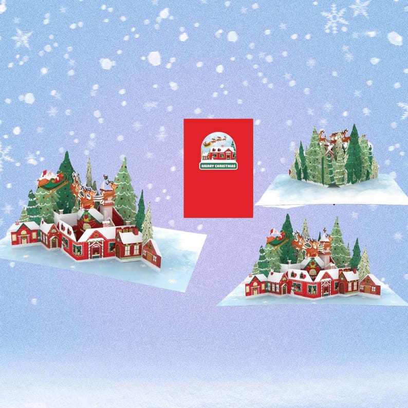 May include: A 3D pop-up Christmas card featuring a winter village scene with Santa Claus flying over a snowy town. The card is red and green with a white background. The text "Merry Christmas" is printed on the front of the card.