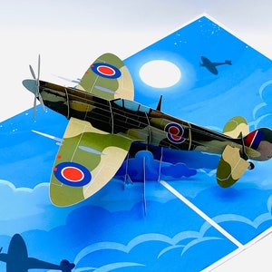 Carte pop-up Spitfire, cartes pop-up fête des pères, carte pop-up avion 3D, cartes pop-up d'anniversaire, cartes pour lui en toutes occasions
