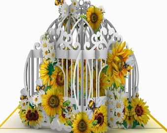 Carte pop-up 3D personnalisée abeille, carte pop-up charmante cage à oiseaux en fleurs, carte colibri, carte pop-up d'anniversaire 3D, carte pop-up fête des mères