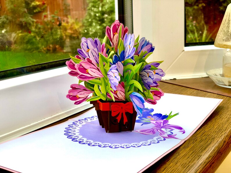 Wild flowers pop up cards, Birthday pop up cards, Mother's day cards, Crocus flower basket pop up card 