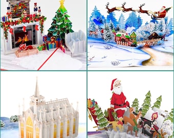 3D Christmas Pop Up Card Pack of 4 cards: Fireplace, Church, Santa's Dogs