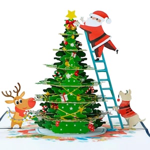 3D Pop-Up Christmas Card | Santa Decorating Tree with Reindeer & Dog | Festive Holiday Greeting Card