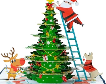 3D Pop-Up Christmas Card | Santa Decorating Tree with Reindeer & Dog | Festive Holiday Greeting Card