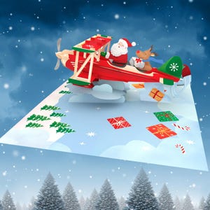 Personalised Christmas Santa on plane pop up card, festive greeting card for family, xmas gift for kids, friend