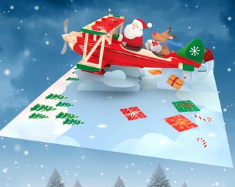 Pop-Up Weihnachtskarte – Weihnachtsmann im Flugzeug – Einzigartiges 3D-Design für festliche Grüße Weihnachtsgeschenk Weihnachtsdekoration
