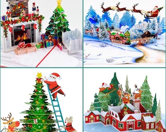 3D Christmas Pop Up Cards - Fireplace, Santa, Winter Village - Pack of 4