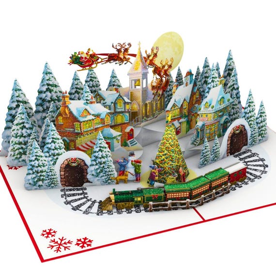 Personalized 3D Christmas Village Pop-Up Card: Santa, Train, Snowy Trees