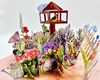 Garden flower pop up cards, blue tit pop up, Birthday, Father's day, Mother's Day pop up card, Easter pop up, 3d laser card for any occasion