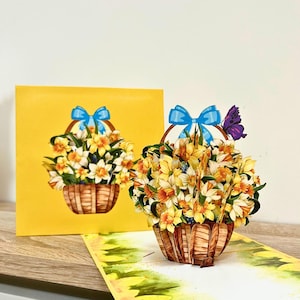 Exquisite Springtime Daffodil Pop-Up Card with Personalised Note and Envelope Mother's day Special, pop up birthday flower card