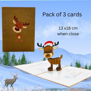 Pack of 3 Christmas reindeer pop up cards Xmas celebration Festive Season card 3D pop up greeting card Christmas gift