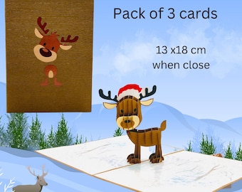 Pack of 3 Christmas reindeer pop up cards Xmas celebration Festive Season card 3D pop up greeting card Christmas gift