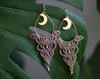 Boho Earrings with moon charm.  . Macrame.  brass. Fairy. Hippie. Unique. ethnic. bohemian. festival..