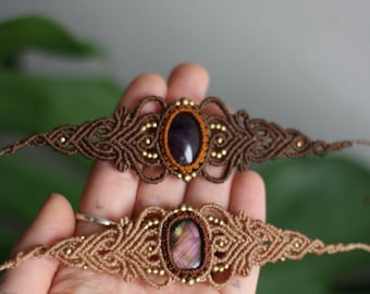 Purple labradorite or amethyst Bracelet autumn vibes Macrame . Brass. Tribal. Unique. Hippie. Bohemian. ethnic. Powerful. Gemstone jewelry