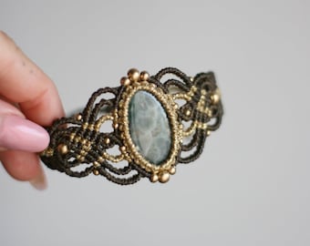 Ocean Jasper Bracelet khaki green Macrame. Brass. Tribal. Unique. Hippie. Bohemian. ethnic. Powerful. Gemstone jewelry