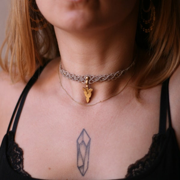 Choker simple macrame brass charm or tiara diadema beads charms beige crystal choker Fairy. Hippie.. goddess, elf