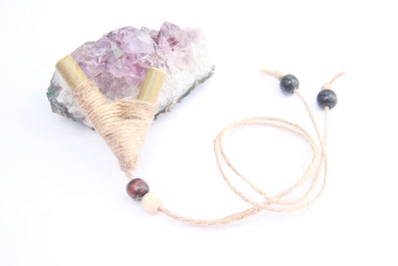 Rustic kuripe pendant snuff pipe hemp natural cord necklace shamanic pipe