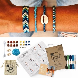 May include: A collection of handmade bracelets in shades of blue, green, and white. The image also shows bracelet-making supplies, including beads, shells, string, and instructions. The brand name "Rose Beach Bracelets" is visible on the packaging.