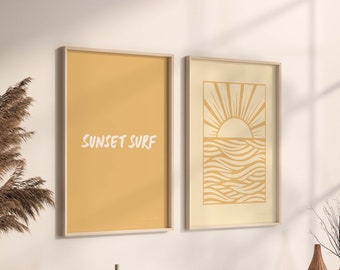 Set of 2 prints, sun set surf digital prints, wall art for surf lovers, summer printable wall art, boho beach art prints, instant downloads