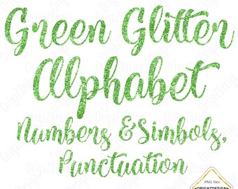 Green Glitter Alphabet, Green Glitter letters, Green Glitter Christmas sparkle alphabet Clipart Numbers Digital font Planner stickers PNG