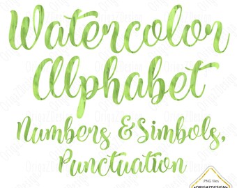 Watercolor letters, watercolor numbers, Green Alphabet Watercolor Clipart Hand painted Digital font Planner stickers invitation PNG