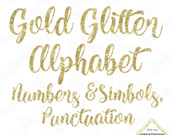 Gold Glitter Alphabet, Glitter letters, Gold Glitter sparkle alphabet Clipart Numbers Digital font Planner stickers clip art PNG for Wedding