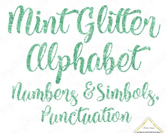 Mint Glitter Alphabet, Mint Glitter letters, Mint Glitter sparkle Alphabet Clipart Numbers Digital font Planner stickers clip art PNG