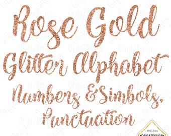Rose Gold Glitter Alphabet, Rose Glitter letters Rose Gold Blush sparkle alphabet Clipart Numbers Digital font Planner stickers clip art PNG
