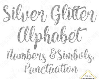 Silver Glitter Alphabet, Silver Glitter letters sparkle Alphabet Clipart Numbers Digital Planner stickers clipart PNG for Wedding NOT A FONT