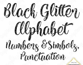 Black Glitter Alphabet, Black Glitter letters sparkle alphabet Clipart Numbers Digital font for halloween Planner stickers clip art PNG