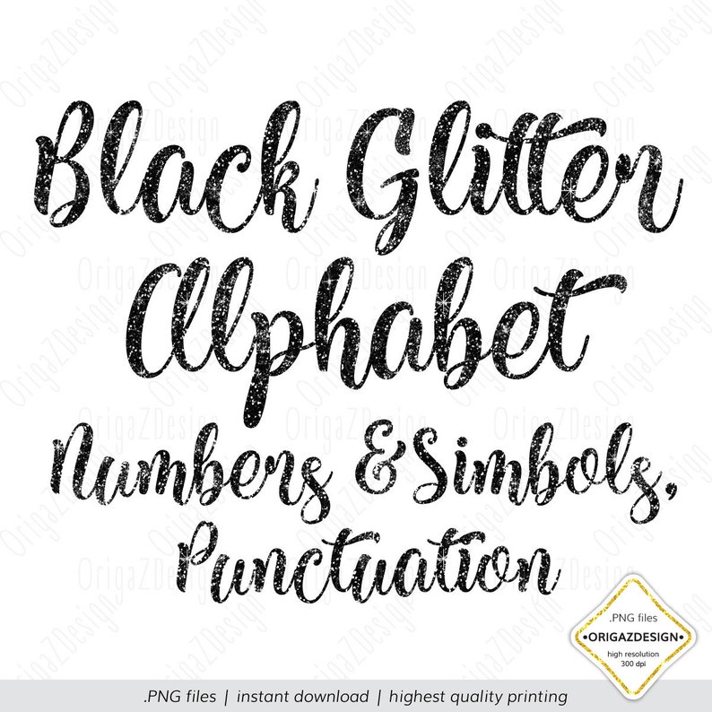 Black Glitter letters sparkle alphabet Clipart Numbers Digital font for halloween Planner stickers clip art PNG Black Glitter Alphabet