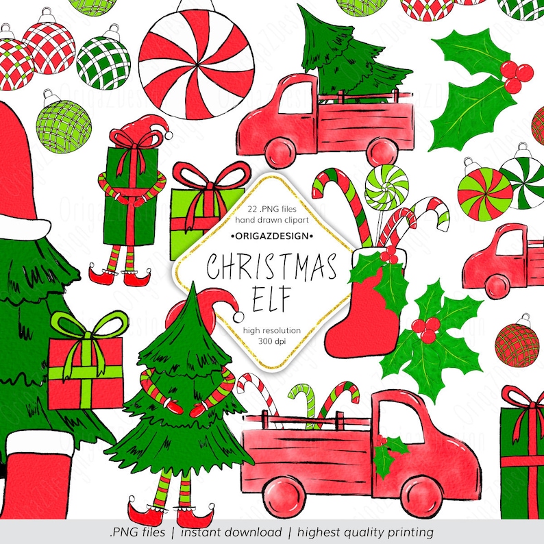 My Christmas Elf Clipart Christmas Elves Red Tree Truck Ball HandPainted Christmas Elements Balls clipart PNG Christmas Tree Truck Clipart